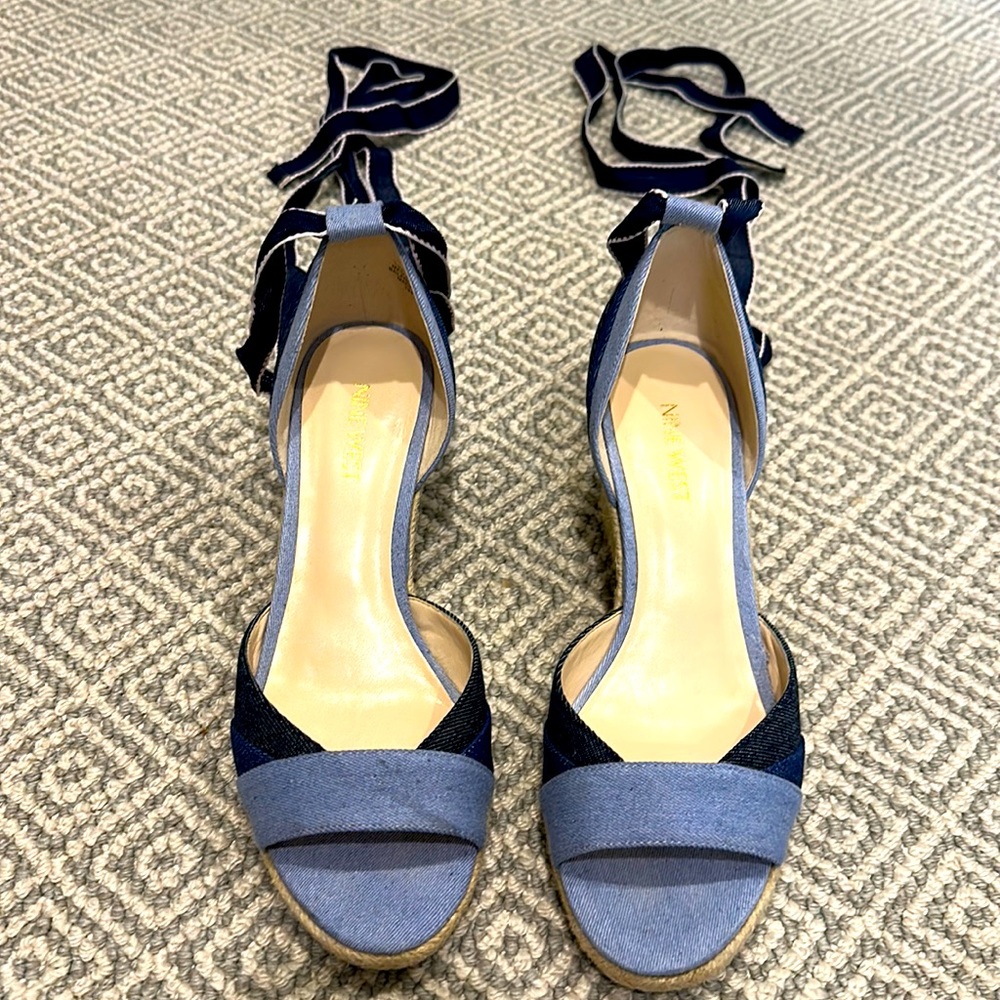 Nine West denim wedge. Grosgrain ribbon wraps around calves. Size 7.5